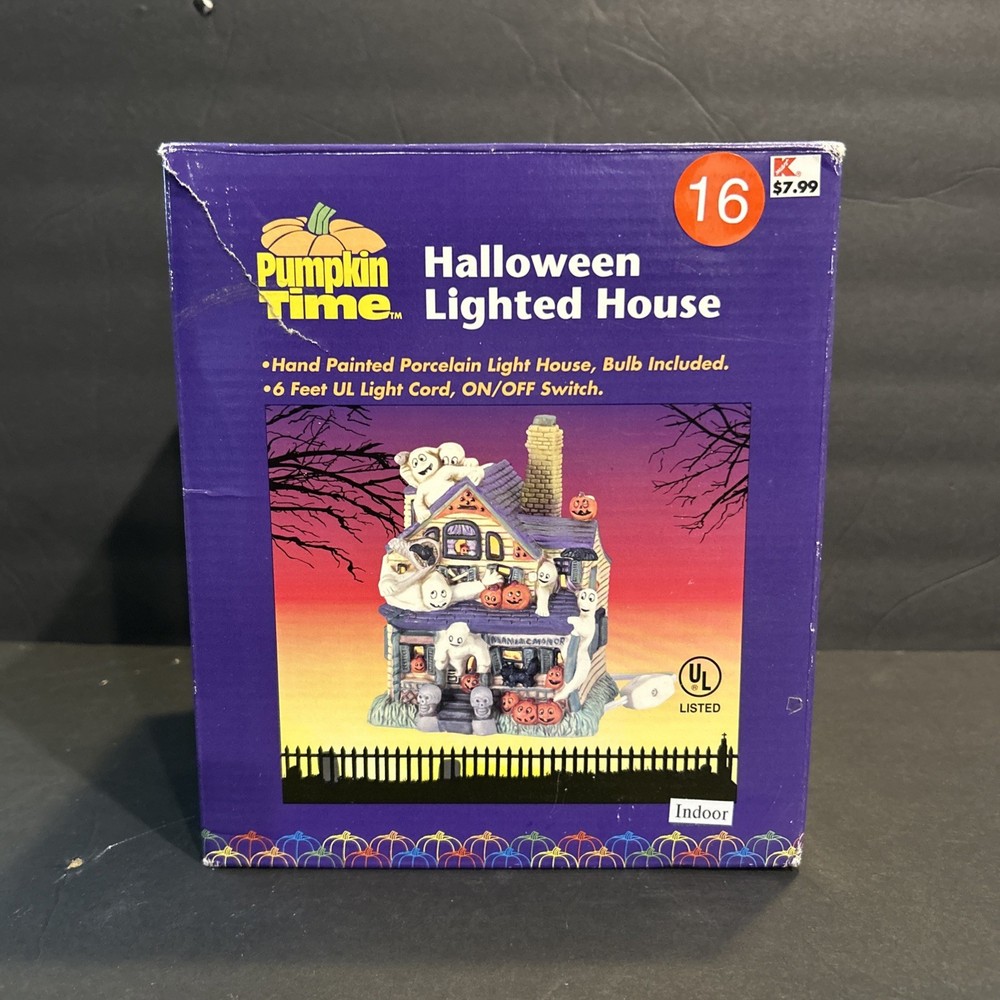 Halloween Lighted House Porcelain Mania Manor Pumpkin Time Great Condition