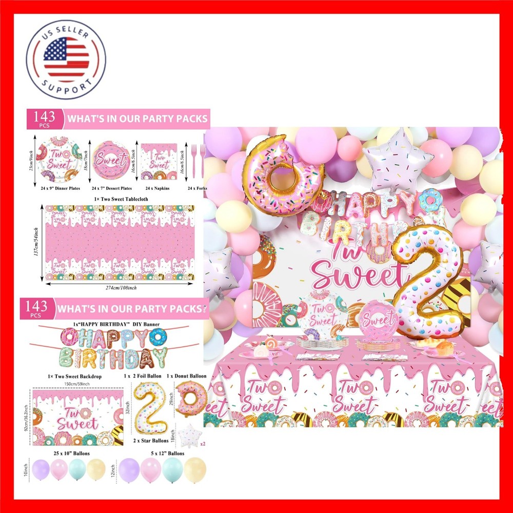 143Pcs Two Sweet Birthday Party Decorations Girls Donut tableware Set Sweet D…