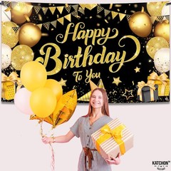 KatchOn, Black & Gold Happy Birthday Back Drop Photo Booth Banner, 72×44 Inch