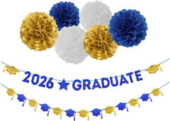 Navy-Blue White-Gold Party-Decoration Graduation Banner – 8Pcs Kits Cap Garland