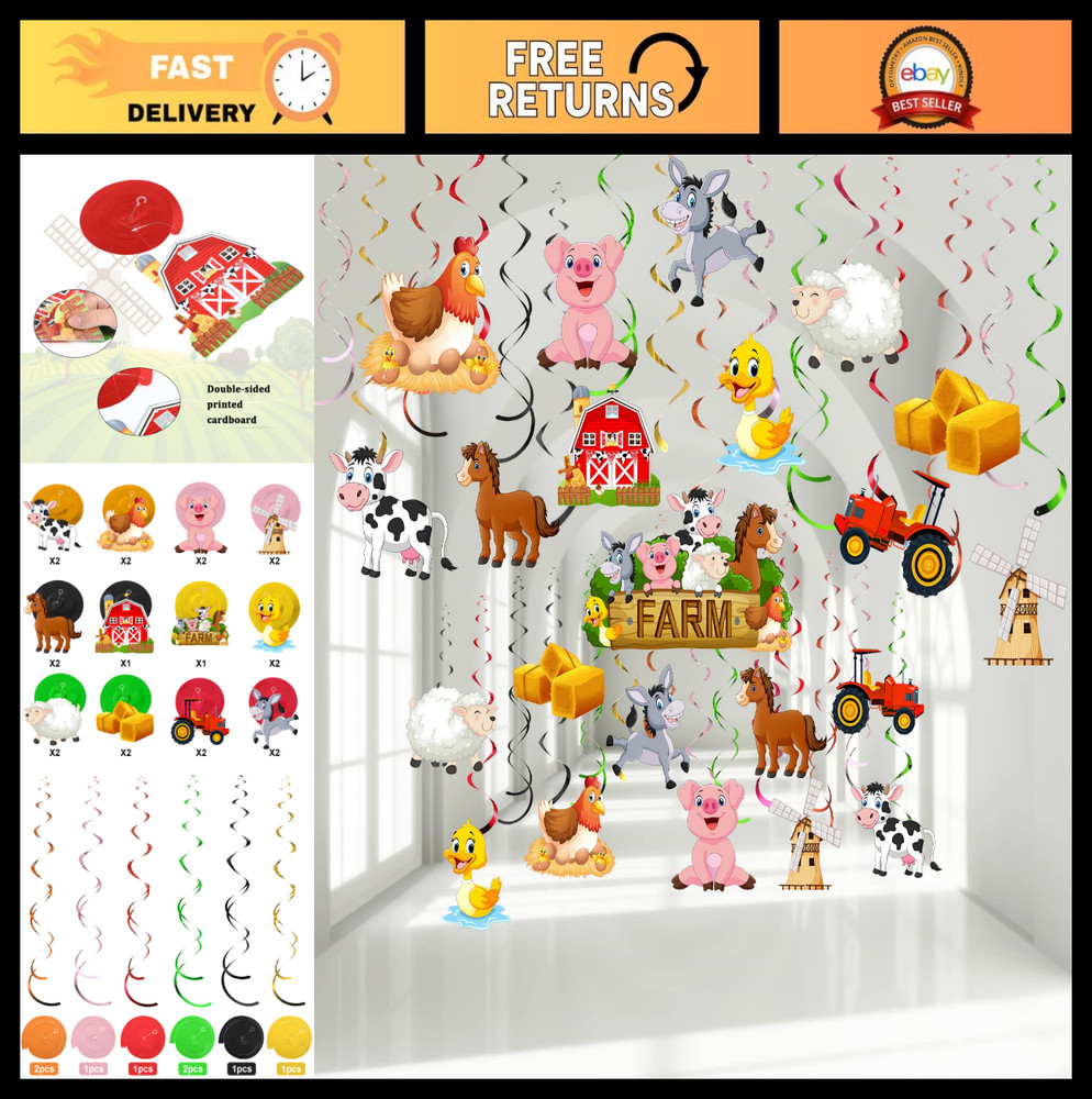 30 Farm Animal Hanging Decorations – Barnyard Party Supplies, Swirls & Cutouts