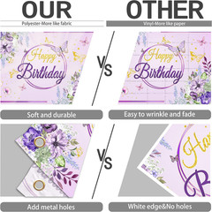 Birthday Party Background,Elegant Purple & Gold Floral Butterfly Happy Birthday