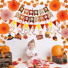 Give Thanks Pumpkin Maple leaf Paper Banner Triangle Flag Bunting Hanging