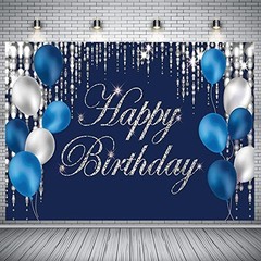 Navy Bluey and Silver Happy Birthday Backdrop 6×3.6ft Navy Blue and Silver