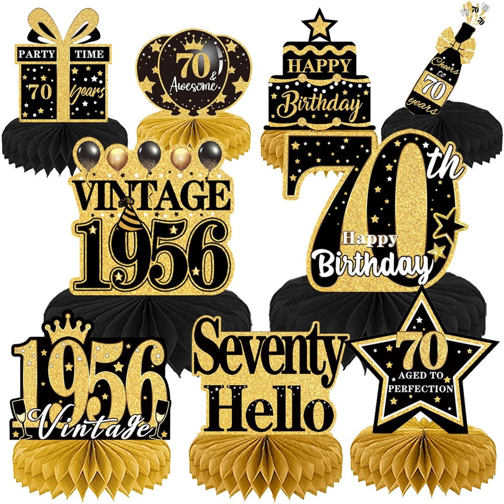 70th Birthday Decorations – 9PCS Vintage Black Gold Table Centerpieces