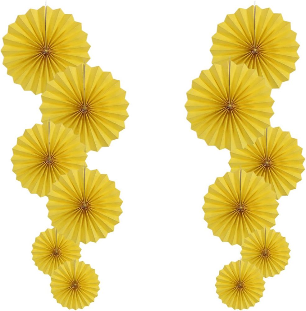Yellow Party Hanging Paper Fans DIY Set，12Pcs Set Paper Fans Set Hanging Pinwhee