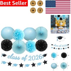 Festive Class 2026 Graduation Celebration Kit Light Blue Black Banner Backdrop