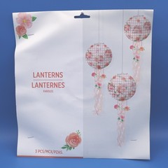 Party Decor Lanterns 3 Pc Pink Gingham Rose Floral Hanging Lanterns