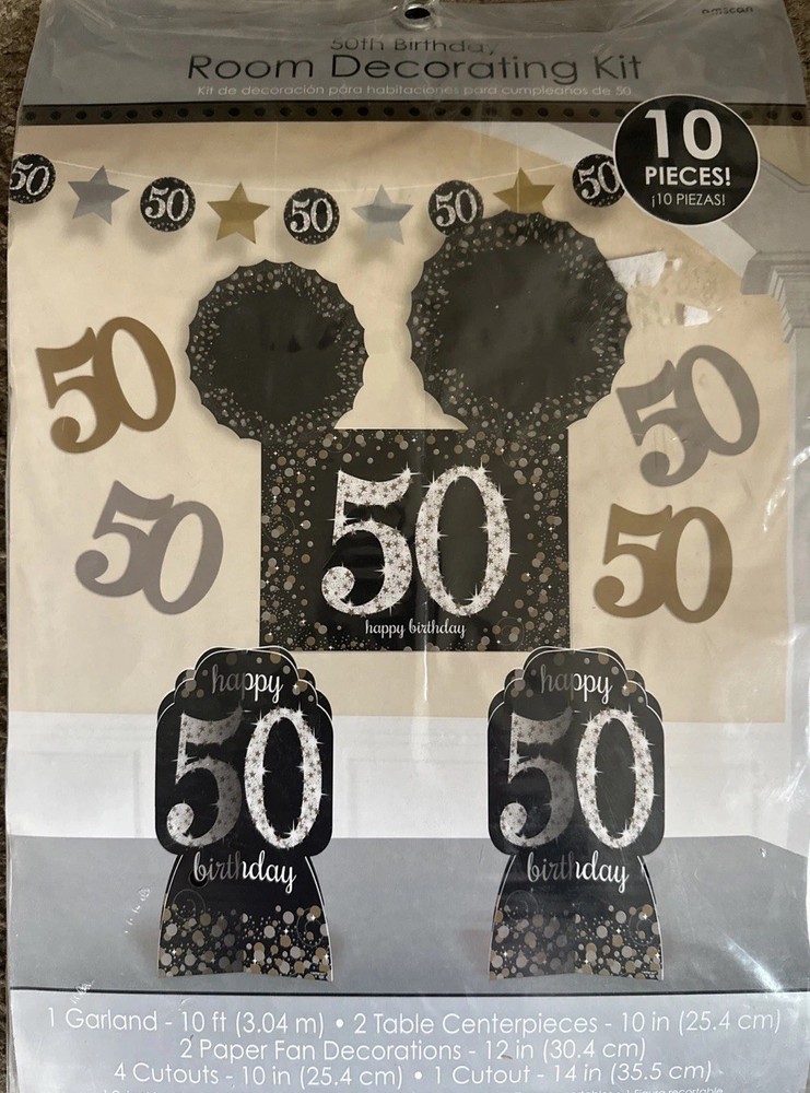 50th Birthday Black Gold Silver Decorations Table Centers Garland Cutouts 10 Pz