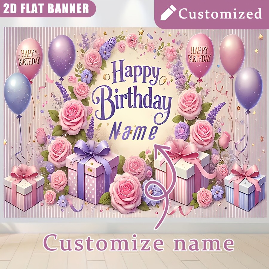 1pc 2D Personalized Happy Birthday Banner Custom Name Age Floral Balloon Party❀