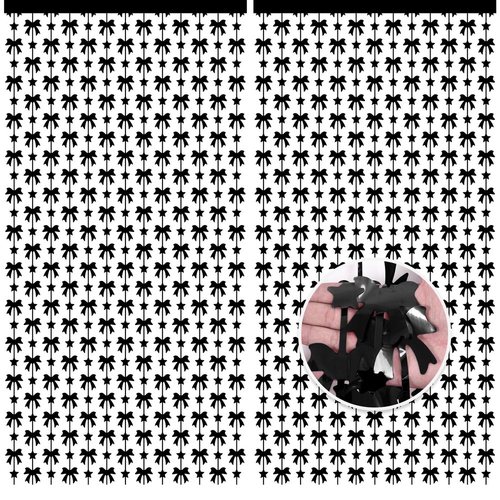 2 Pack Black Bow Foil Fringe Curtains 3.3×6.6 FT Metallic Tinsel Backdrop