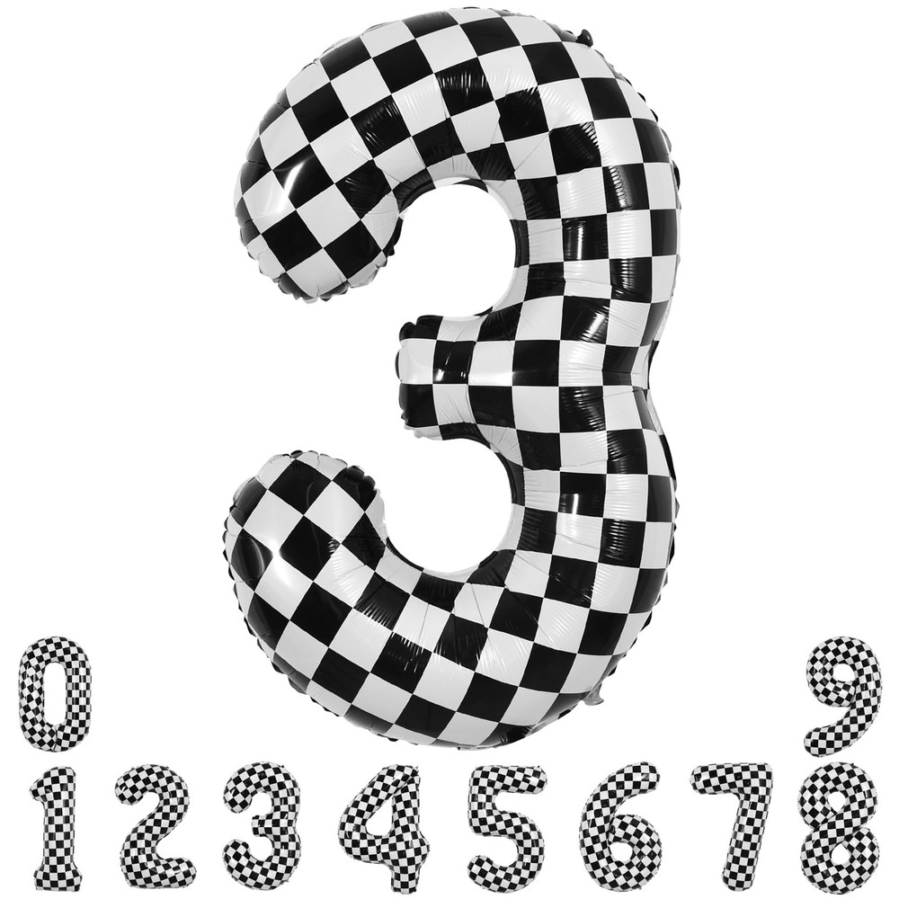 40 Inch Checkered Number 3 Balloon 3rd Race Car Birthday Party Supplies Black…
