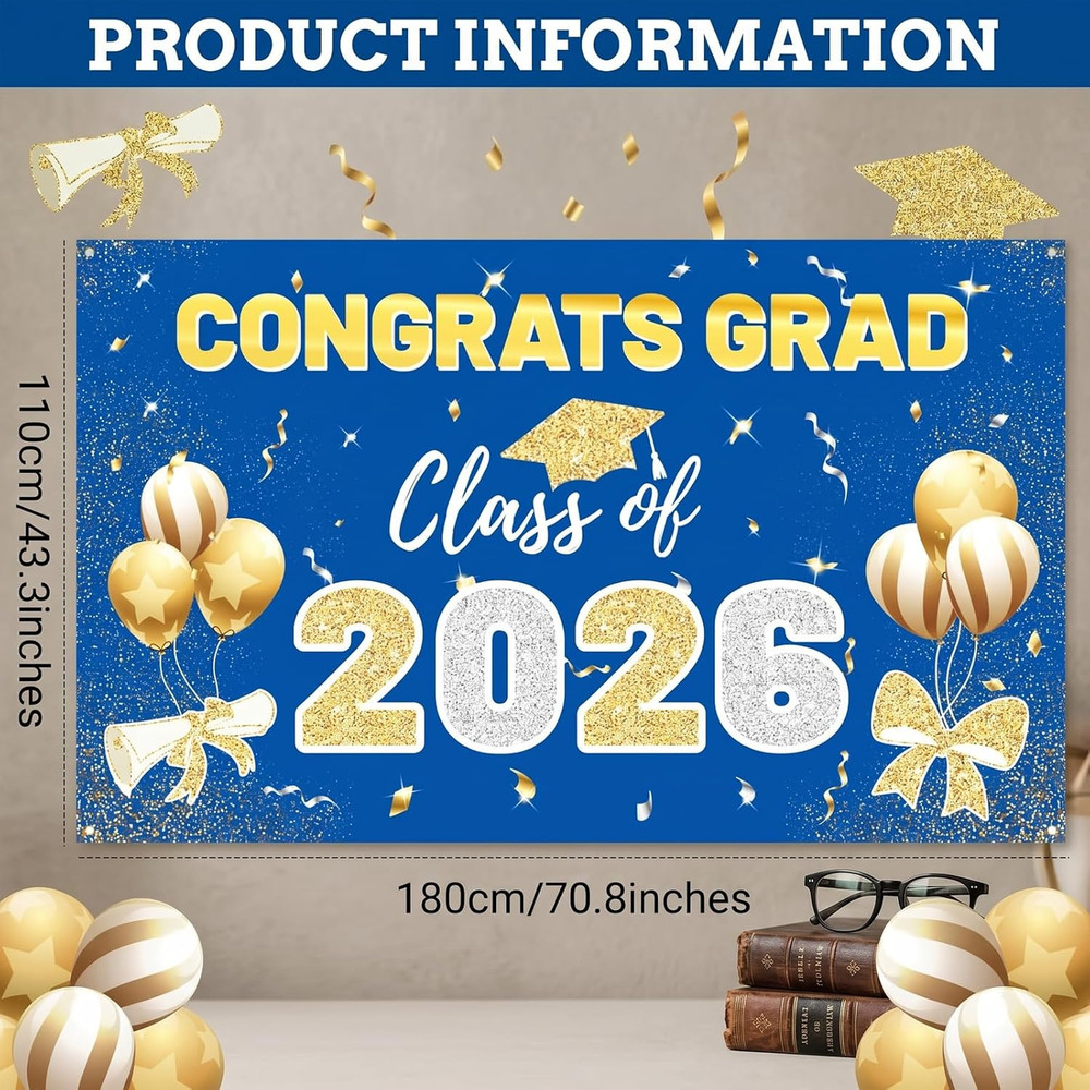 2026 Graduation Backdrop Blue 708×433 Inches Congrats Grad Banner for Party Wall