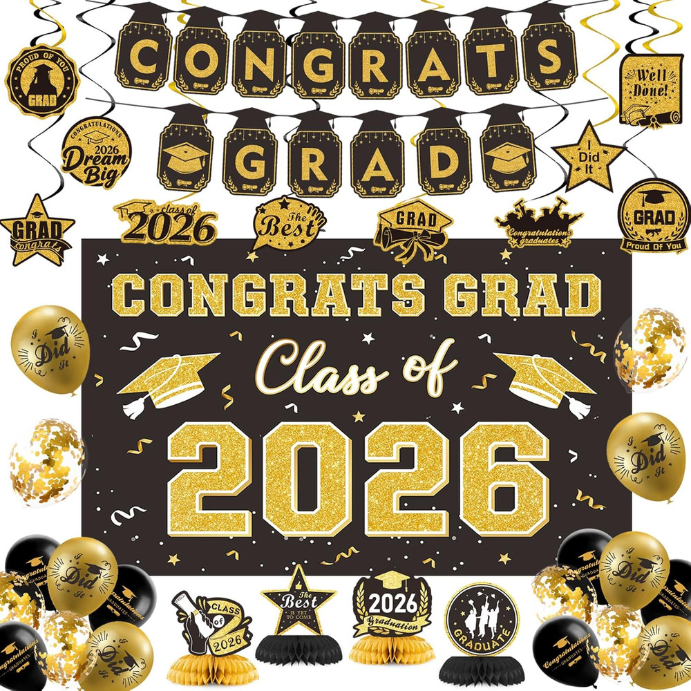 2026 Graduation Decorations Black Gold Banner Backdrop Balloons Party Set Kit