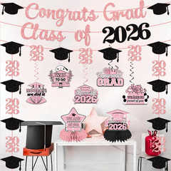 Pink Graduation Decorations 2026 Set Include Glitter Class of 2026 Banner Garlan