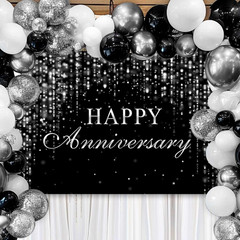 Happy Anniversary Backdrop Black Silver Glitter Marriage Wedding Party