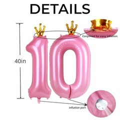 Giant Pink Number 10 Balloon with Crown, 40inch Big Baby Pink Foil Pink 10