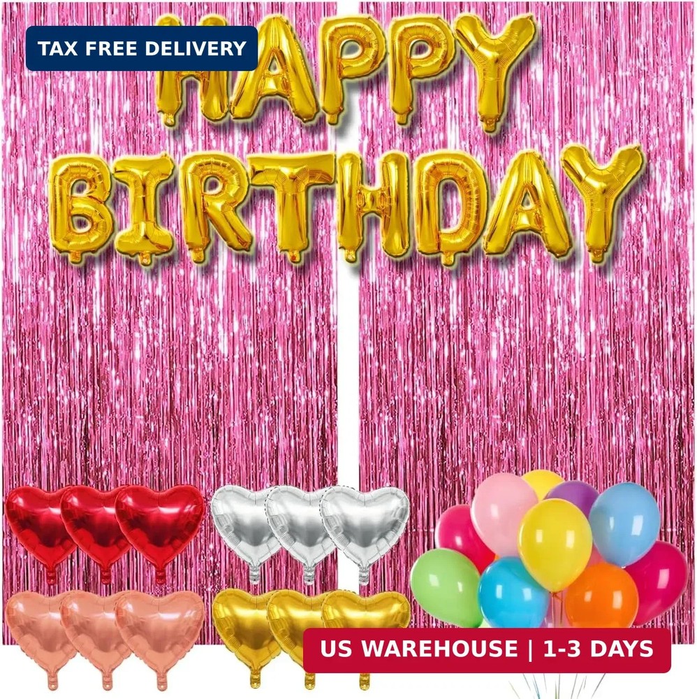 77Pcs Pink Happy Birthday Party Decorations Kit, Happy Birthday Banner, Pink Str