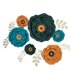 Paper Flower with Leaf for Wall Pack of 6 Blackish Green Teal