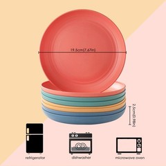 8 PCS Wheat Straw Plates, Kaloo 7.7 Inch 7.7*7.7, Orange+Blue+Green+Yellow