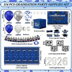 Lunmon 114 Pcs Blue and Black Graduation Decorations Class of 2026 Include Gr…