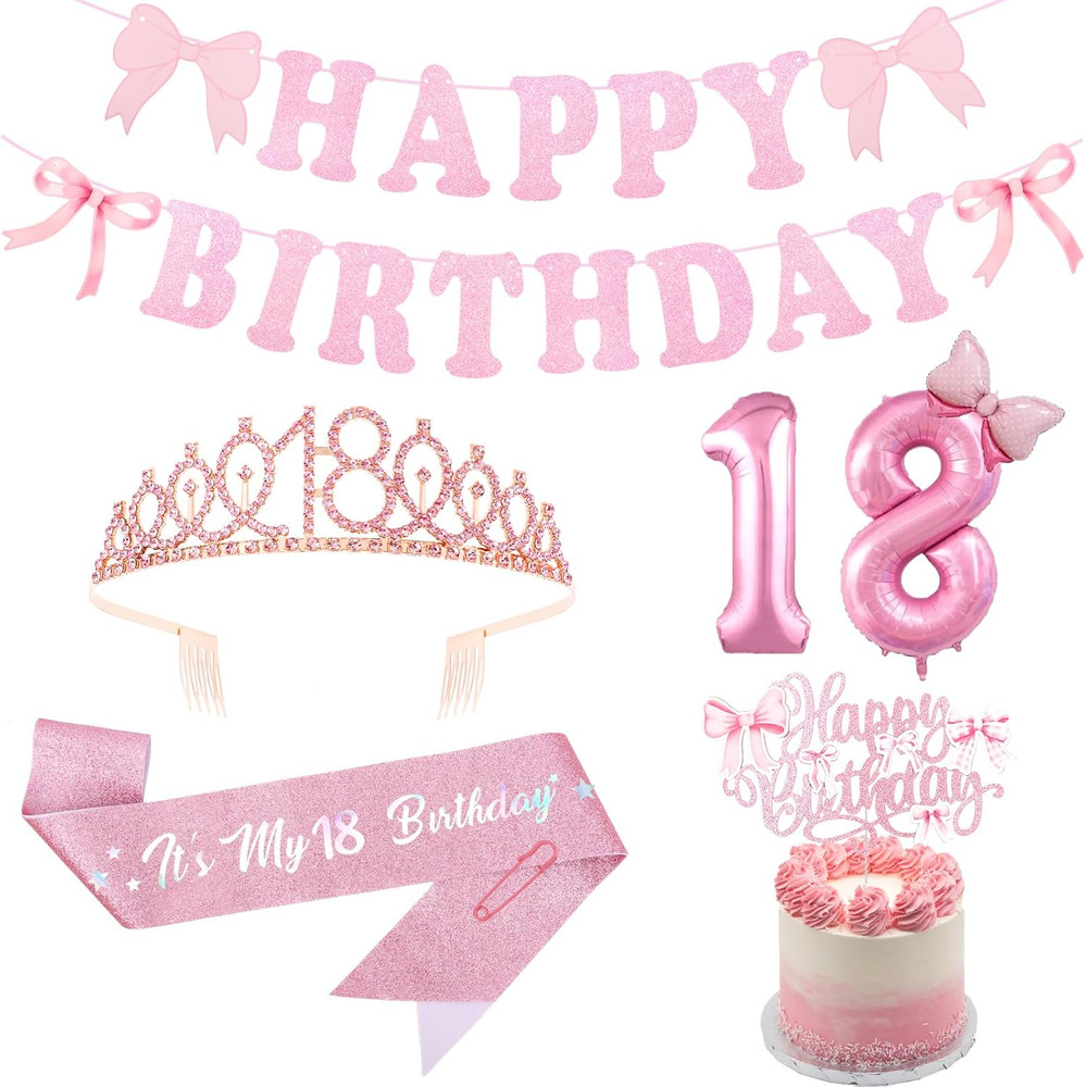Pink Bow 18Th Birthday Decorations for Girls Happy 18Th Banner, Sash and Crow…