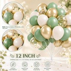 65PCS Sage Green Balloons, 12inch Latex Sage Green Sand White Metallic Gold C…