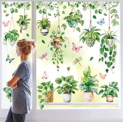 6 Sheet Spring Summer Potted Plant Window Clings Hanging Vine Plant Eucalyptu…