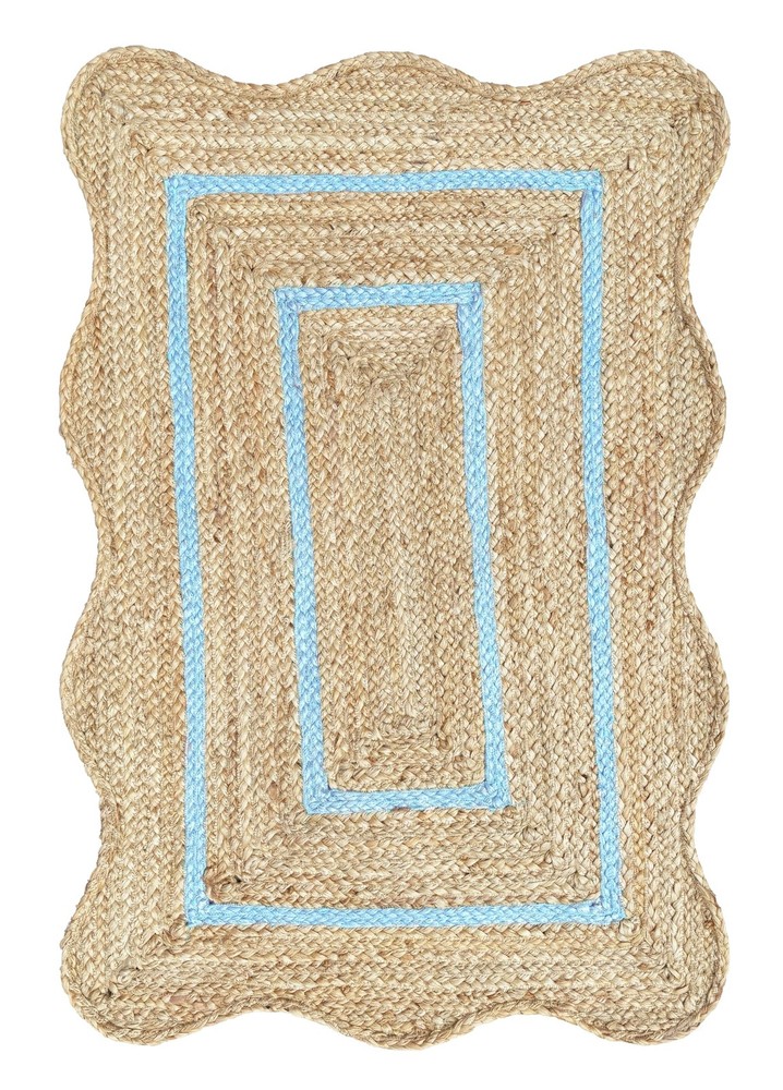 Weaving Village Wave Scalloped Natural Jute Rug 2’x3′ (Rectangular), Sky Blue
