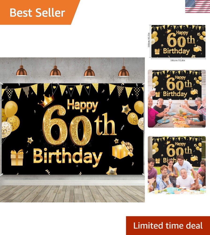 Chic 60th Birthday Party Banner – Large Black and Gold Decor, 72.8 x 43.3 Inch