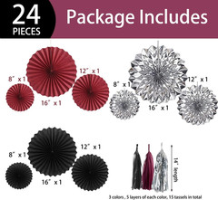 24PCS Maroon Decorations Burgundy Black Silver Party Decor Tassel Garland Banner
