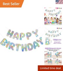 Iridescent Happy Birthday Banner, Pre-Strung Holographic Birthday Decorations…