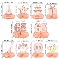 10 PCS 65th Birthday Decorations Centerpieces Honeycomb Topper Rose Gold Pink