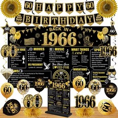60th Birthday Decorations Kit – 24PCS Black Gold Vintage 1966 Banner, Balloons &