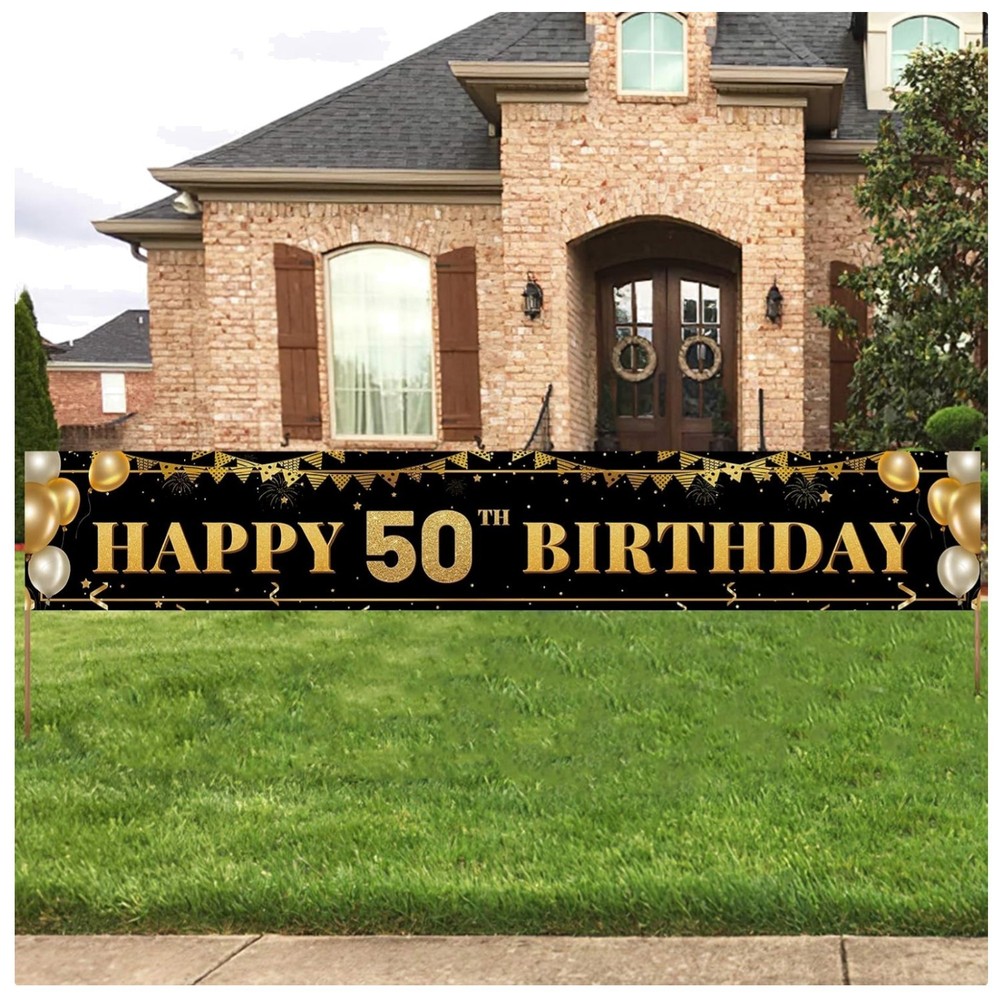 Large Happy 50th Birthday Decoration Banner, Black and Gold Happy 50th Birthd…