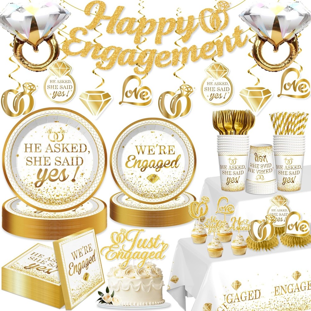Engagement Party Decorations – He Asked She Said Yes Banner, Foil Balloons, Tabl