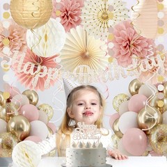 Boho Pink Birthday Party Decorations, Happy Banner, Paper Lanterns, Peach Stream