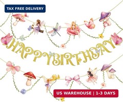 Paper Jazz Fairy Birthday Banner with Butterfly Fairy Party Decorations Mushroom