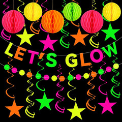 Neon Party Supplies Includes Let’S Glow Banner Star Hanging Swirls Circle Dot Ga