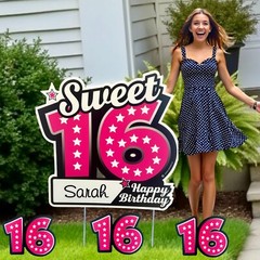 Happy Sweet 16 Birthday Lawn Sign Decoration, Personalized Birthday Girl Gift