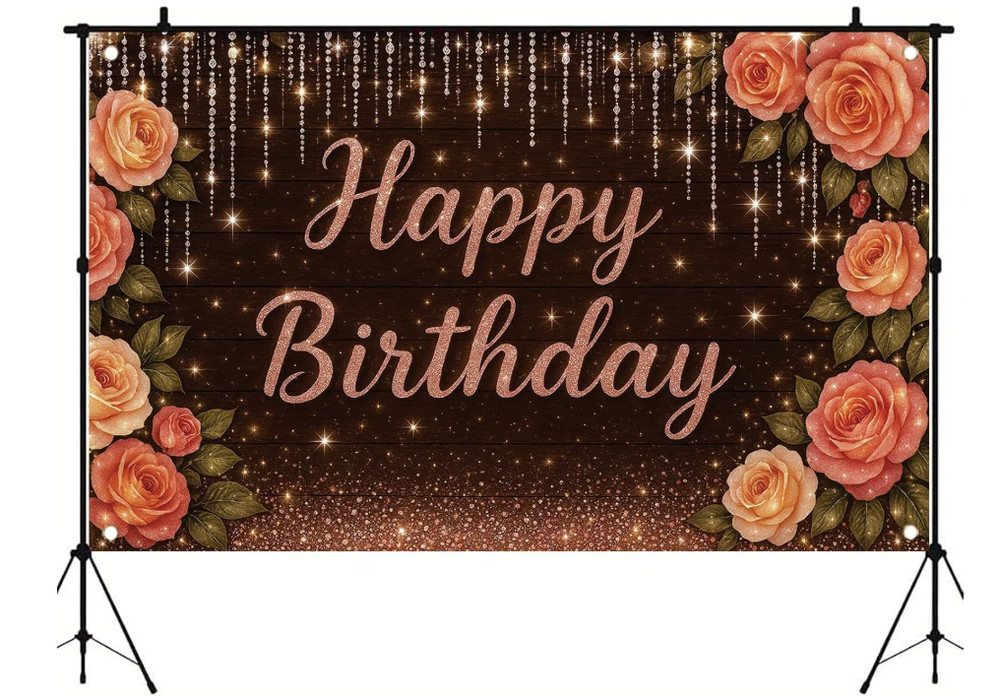 Rose Gold Birthday Backdrop 71 X 43 Inch Rustic Wood Floral Banner