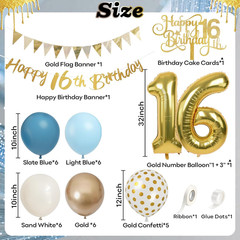Sweet 16Th Birthday Decorations for Boys Girls, Dusty Blue Cream White Gold 16