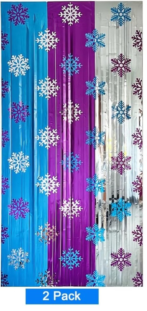 2 Pk Winter Snowflake Metallic Foil Fringe Curtains 3.3×6.6ft Blue Purple Silver