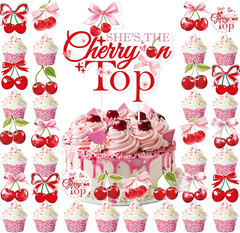 Cherries Baby Shower Decorations – 25 Pcs Pink and Red Sweet Cherries Bow Cake C