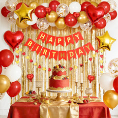Red and Gold Birthday Decorations for Women with Happy Bithday Banner, Curtains,