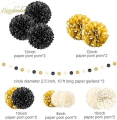NICROLANDEE Black Gold Party Decorations, 15 PCS Tissue Paper Pom Poms Kit fo…