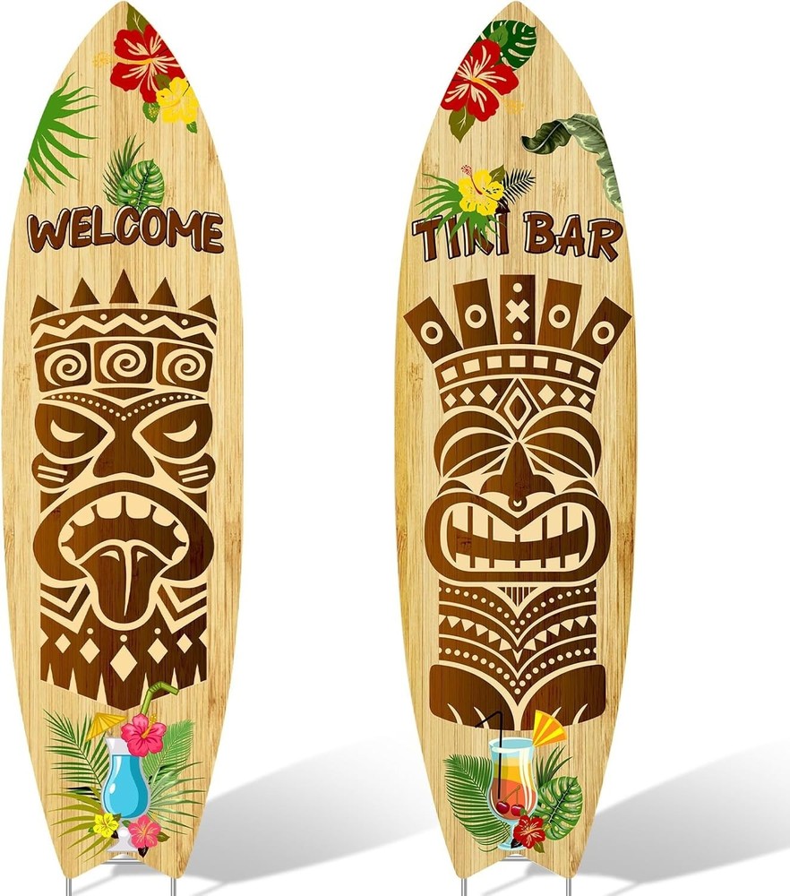 2 PCS Tiki Bar Surfboard Yard Signs Surfboard Beach Signs with Stakes Hawaiian L