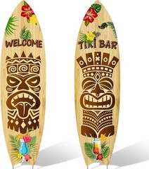 2 PCS Tiki Bar Surfboard Yard Signs Surfboard Beach Signs with Stakes Hawaiian L