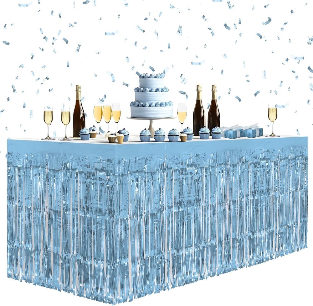 2 Pack Light Blue Table Skirts, 29×108″ Metallic Foil Tinsel Fringe Table Ski…