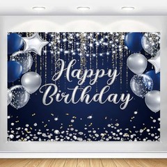 Happy Birthday Backdrop for Men Boys Banner 7x5ft Navy Blue and Silver